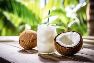 Sipping on a Refreshing Coconut Lemonade Surrounded by Fresh Lemons and Coconuts on a Sunny Seaside Day