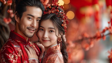 Beautiful asian couple celebrate chinese new year with traditional costume.