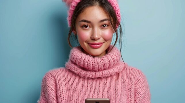 Portrait of a beautiful young asian woman in pink sweater and winter hat with mobile phone isolated on blue.