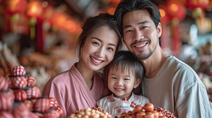 Happy asian family with little daughter in traditional Chinese lunar new year decorations