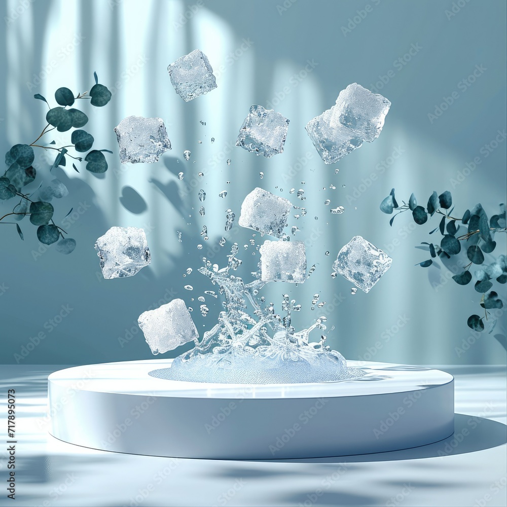 Poster Background for product on white podium with ice cubes floating mid air. Generative AI.