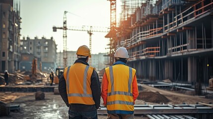 Fototapeta premium Project construction engineer and foreman in a construction site, rear view. Generative AI.