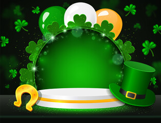 Vector illustration background with shining stage, colorful balloons, horseshoe, Leprechaun Top Hat and clovers for St Patricks day design