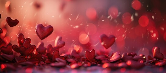 Valentine's day A captivating abstract background with a deep red hue filled with blurred heart shapes, creating a dreamy bokeh effect ideal for themes of love, romance, and Valentine's Day. Ai genera - obrazy, fototapety, plakaty