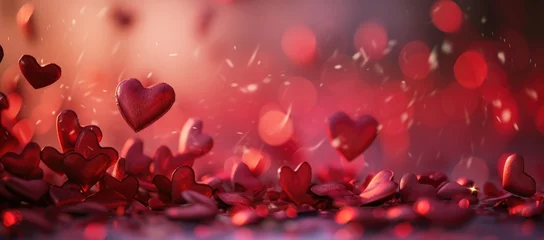 Fotobehang Valentine's day A captivating abstract background with a deep red hue filled with blurred heart shapes, creating a dreamy bokeh effect ideal for themes of love, romance, and Valentine's Day. Ai genera © qntn