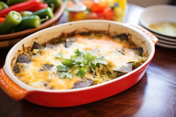 chiles rellenos in a casserole dish with melting cheese