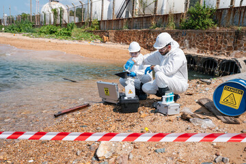 Scientists biologists and researchers in protective suits taking water samples from waste water...