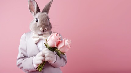 Rabbit holding rose in love on pink background. Valentine's day-wedding. Easter day. greeting card. presentation. advertisement. copy text space.