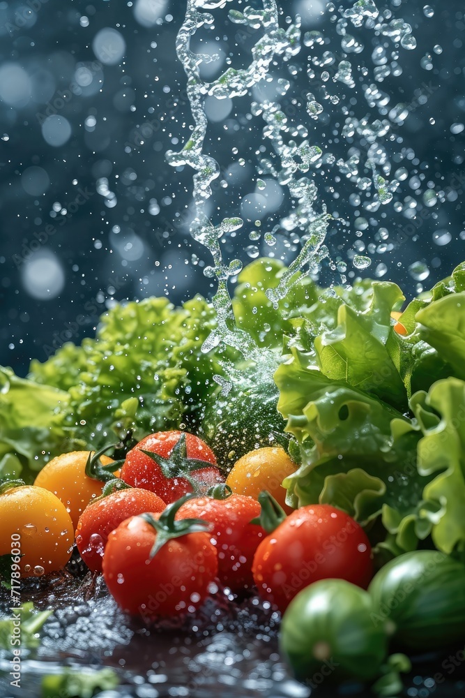 Poster vegetable and leafy greens with splash of water, solid color background. generative ai.