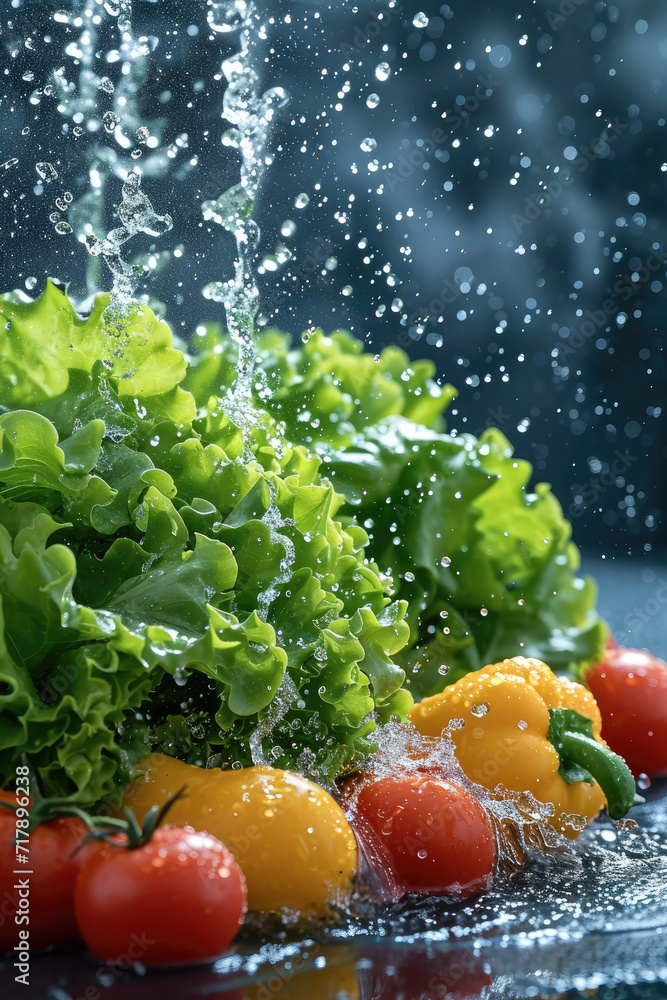 Poster Vegetable and leafy greens with splash of water, Solid color background. Generative AI.
