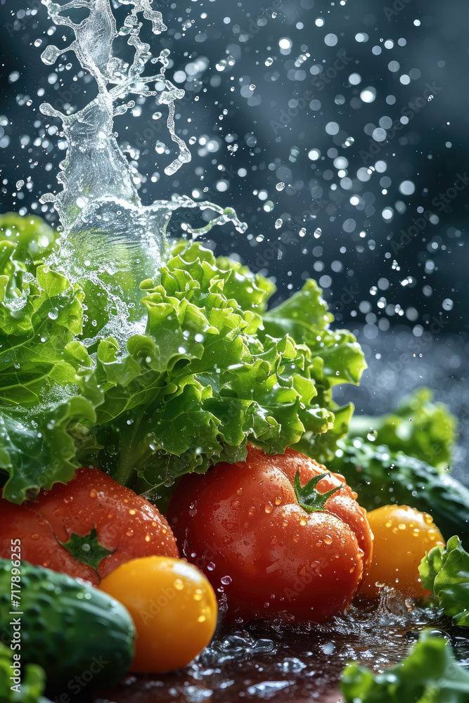 Poster Vegetable and leafy greens with splash of water, Solid color background. Generative AI.