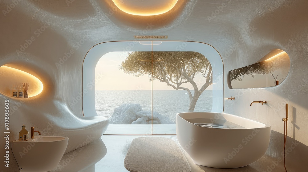 Aufkleber an elegant and contemporary bathroom with a futuristic twist with characteristic double-ceiling. gen