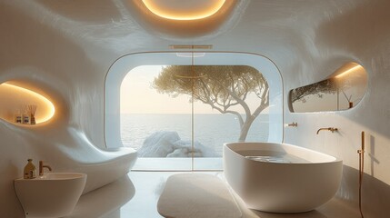 An elegant and contemporary bathroom with a futuristic twist with characteristic double-ceiling. Generative AI.