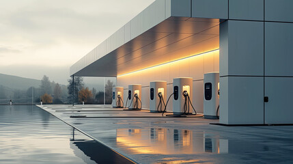 Chargers for electric cars, EV charging station, Modern design. Generative AI.