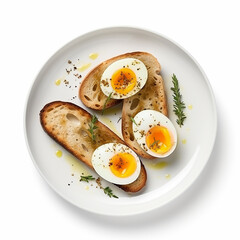 Soft-boiled eggs With Anchovy Toast on a plate isolated on a white background are in the top view