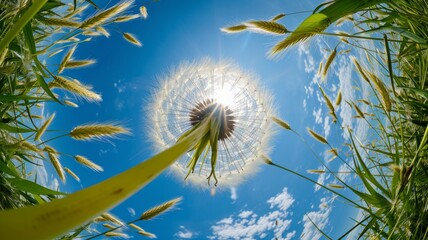 Fototapeta premium Dandelion view from below against a blue sky. Beautiful puffy air flower