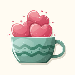 Green mug with pink hearts. Cute vector illustration for Valentine's Day. Gradient.