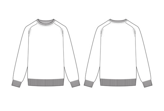 Vector fashion technical drawing of a crew neck sweater with front and back view. Ribbing details at sleeve cuff and bottom opening. Knit fabric.