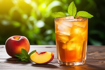 Close-up shot of an invigorating glass of ginger peach iced tea on a hot summer day