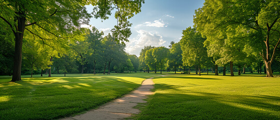 Public park with large trees, green grass field, walk path track
 - obrazy, fototapety, plakaty