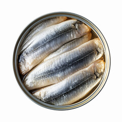 Tinned Fish isolated on a white background is in the top view - obrazy, fototapety, plakaty