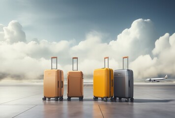 A bright yellow suitcase, several suitcases are standing near the plane. Airplane travel concept. Packing and storing luggage. Symbol of summer holiday.
