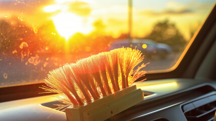 Brushes on the windshield of the car against