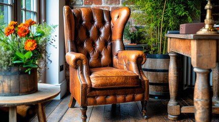 Antique Leather Armchair: Vintage Furniture in a Stylish Interior Setting - obrazy, fototapety, plakaty