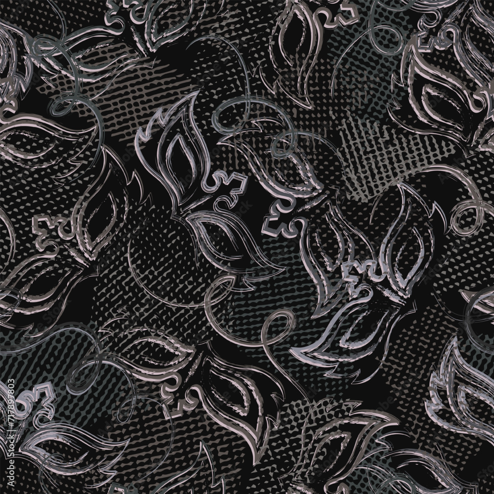 Poster seamless gray camouflage pattern with random scattered carnival masks, overlapping tulle pieces. ran