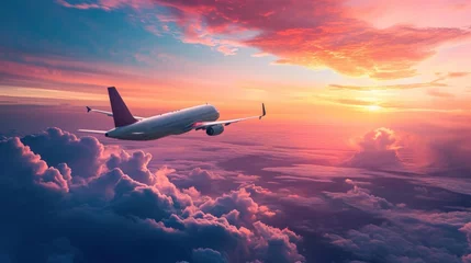 Foto op Canvas The plane takes off from the airport and flying in the sky, clouds, at high altitude, at sunset. Postcard for travel, vacation and relaxation. © Jools_art