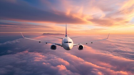 The plane takes off from the airport and flying in the sky, clouds, at high altitude, at sunset. Postcard for travel, vacation and relaxation.