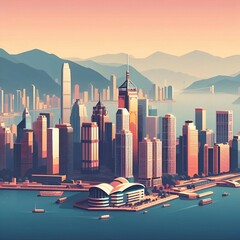 Hongkong flat vector city skyline - obrazy, fototapety, plakaty
