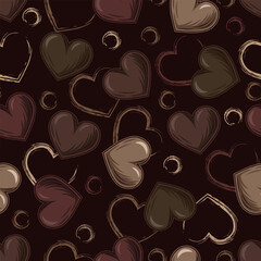 Camouflage brown pattern with hearts. Grunge outline silhouettes of hearts, circles behind. Dark illustration for woman t shirt design, textile, sport clothing, goods.