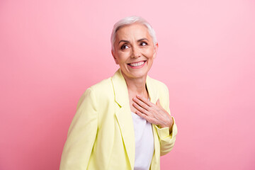 Portrait of stunning lady in blazer touch chest thankfully look empty space birthday gift from...