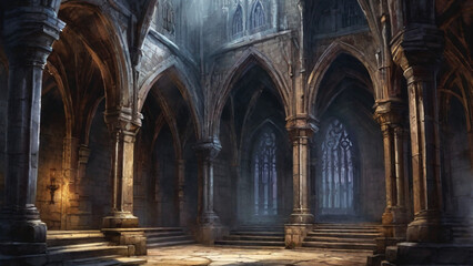 Obraz premium Castle dungeon, Gothic setting with candles, dark and creepy background, fantasy game. Generative AI, Generative, AI
