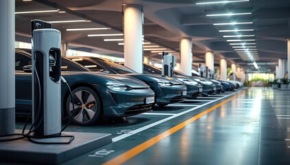 Parking electric cars. Charging stations fast charging cars. Generative AI.