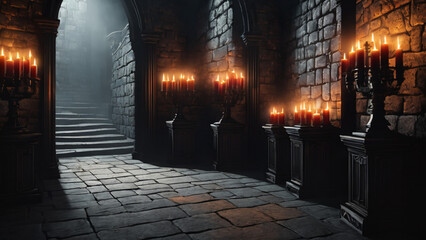Fototapeta na wymiar Castle dungeon, Gothic setting with candles, dark and creepy background, fantasy game. Generative AI, Generative, AI