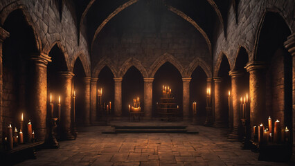 Obraz premium Castle dungeon, Gothic setting with candles, dark and creepy background, fantasy game. Generative AI, Generative, AI