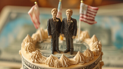 american gay wedding cake with 2 grooms figurines on top