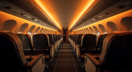 Fototapeta premium Airplane interior inside. Seats and passenger areas for business and economy class aircraft. Passengers travel in comfort.