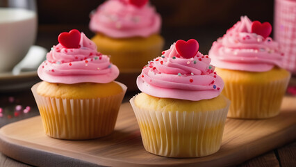 Delicious sweet cupcakes with pink cream and heart as a dessert for Valentine's day on a kitchen wooden board. A festive treat for those with a sweet tooth. Declaration of love in the form of food - obrazy, fototapety, plakaty