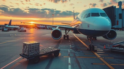 Cargo plane, transportation of goods. Fast delivery. Careful loading onto the plane. Worldwide international logistics services.
