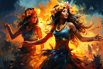 two hula dancers in tropical color,