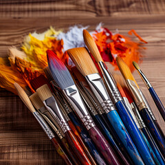 Obraz premium lifestyle photo paint brushes laid with various colors.