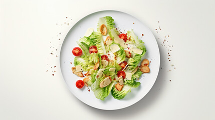 Caesar salad in white plate top view. - obrazy, fototapety, plakaty