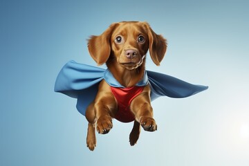 Superhero dog and cute orange tabby kitty jumping and flying on light blue background