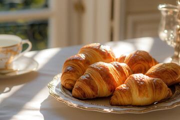 Freshly baked croissants arranged on an elegant plate in a traditional French house. Background image. Created with Generative AI technology