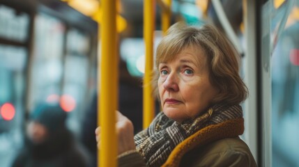 Obraz premium Reflective Moment: Elderly Woman Contemplating on Public Transit