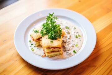 biscuits and gravy on a plate with a parsley garnish