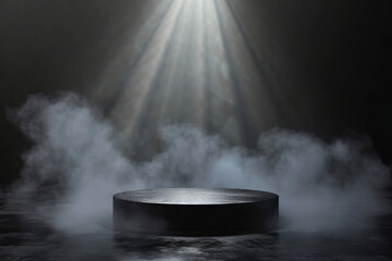 3d empty product display podium for presentations. A mysterious black pedestal display surrounded by fog with a single spotlight illuminating - obrazy, fototapety, plakaty